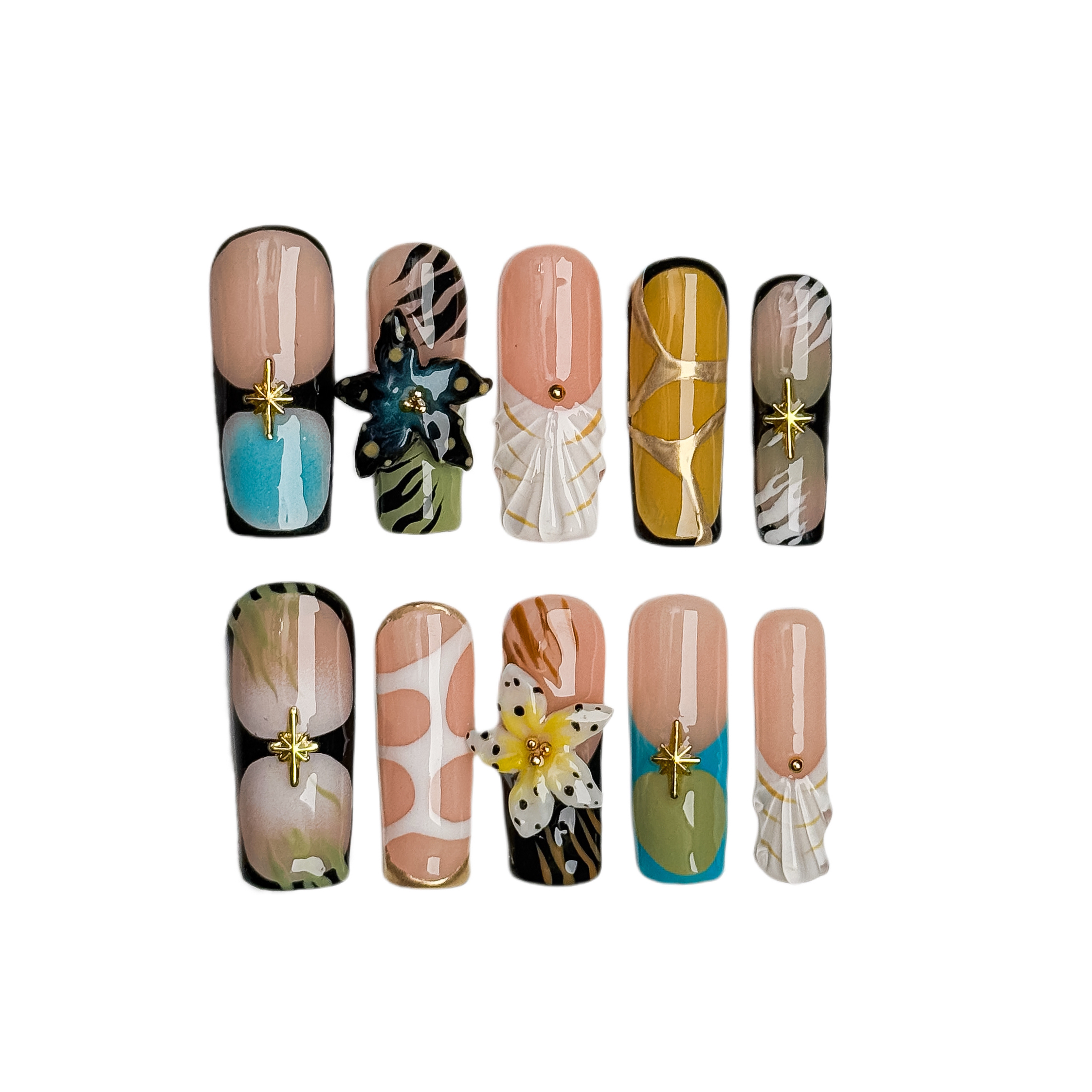 Handmade Press-On Nails – Nailfairy Adorable Starry Flower Language Design – Square Shape, Custom-Made, Reusable with Free Application Kit Included